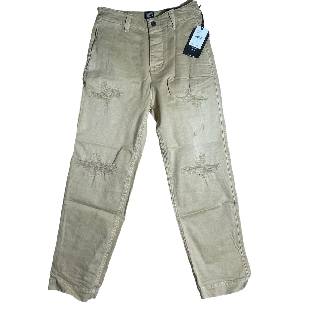 PRPS Women Khaki MONTE CARLO‎ Distressed Capri Buttonfly Chino Pants Size 26